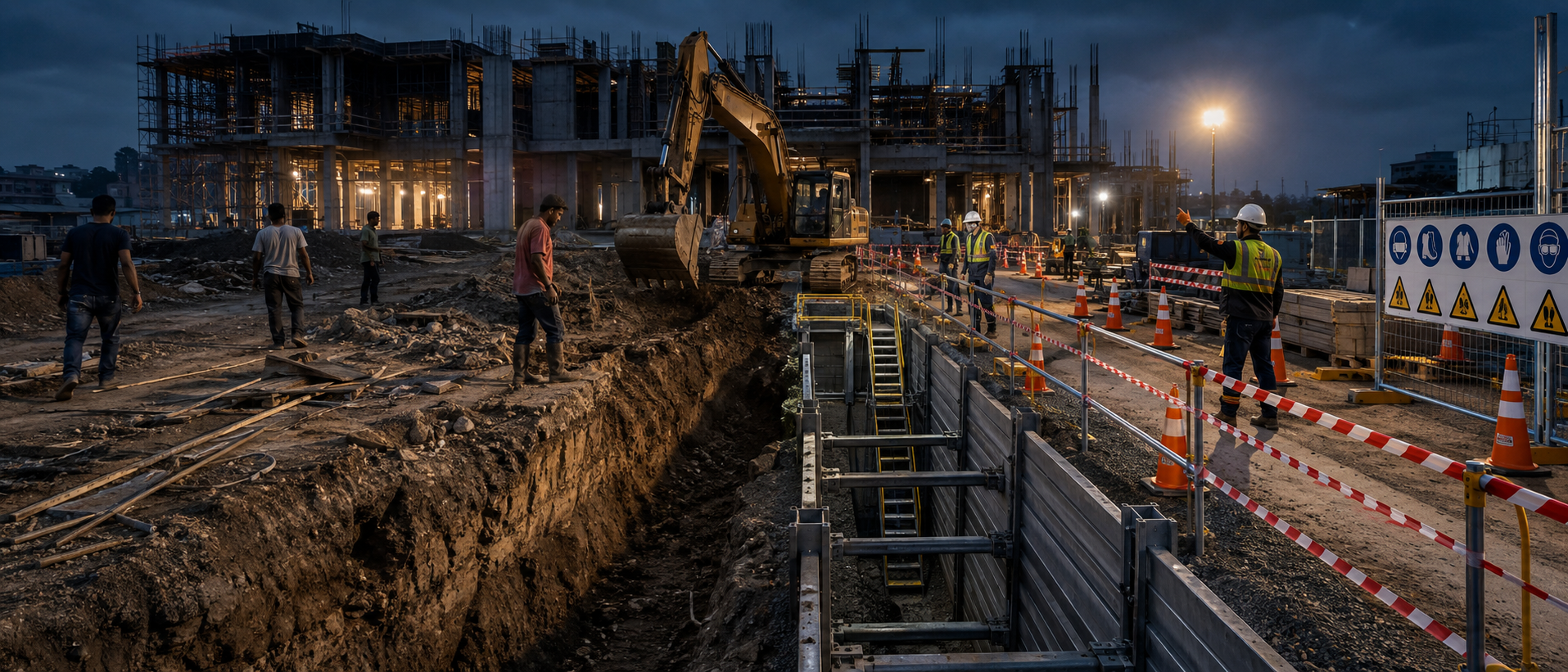 The same construction site shown before and after safety controls